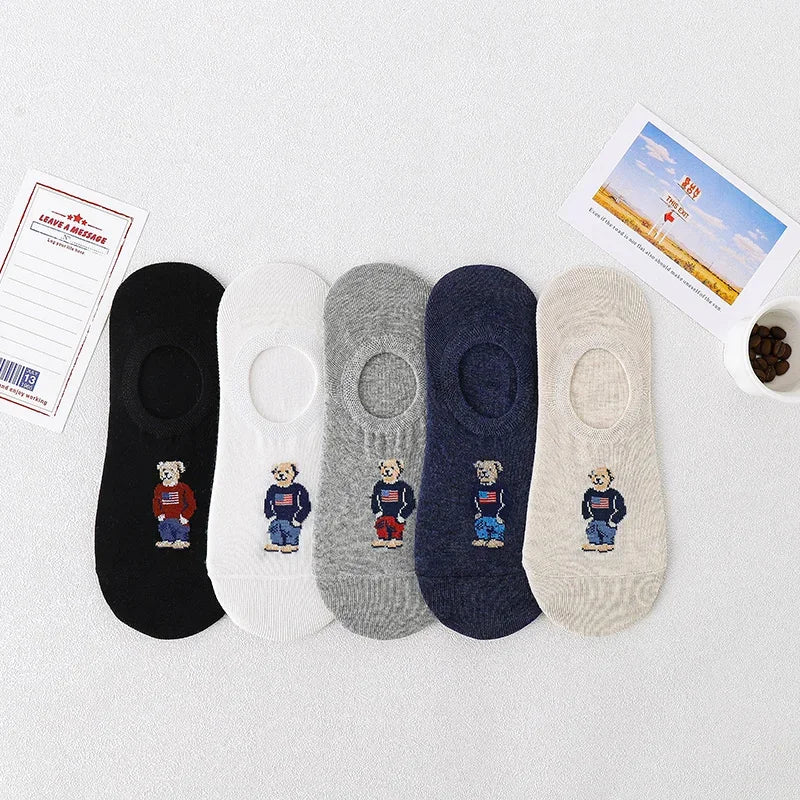 5 Pairs Unisex Men Socks 5 Colors Summer New Cartoon Bear Cotton Boat Socks Light Comfortable Sweat-absorbent Invisible Socks