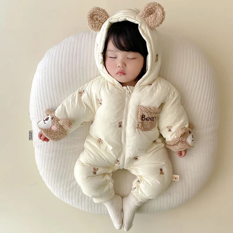 New Winter Thick Keep Warm Boys Girls Rompers Lined With Velvet Cartoon Bear Pattern Hooded Bodysuits For 1-2 Years Old Kids