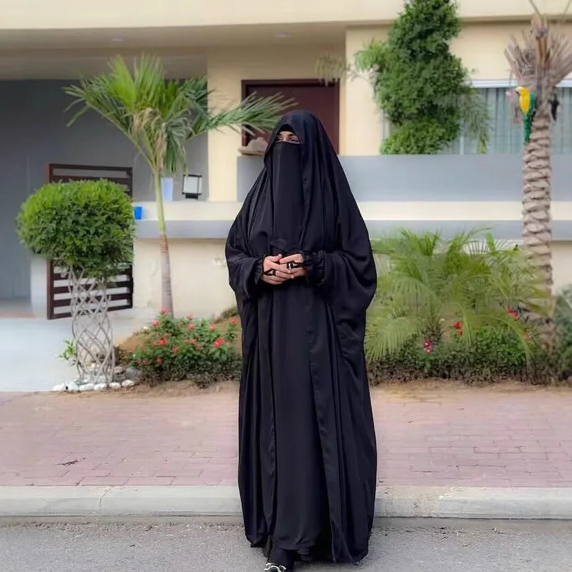 Muslim Abaya Hooded Smocking Sleeve One-piece Prayer Dress Women Jilbab Islamic Clothing Dubai Saudi Black Robe Turkish Modesty