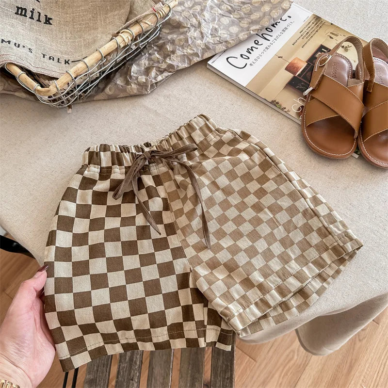 deer jonmi 2023 Summer Korean Style Children Plaid Patchwork Shorts Baby Boys Casual Chic Loose Shorts Kids Clothes