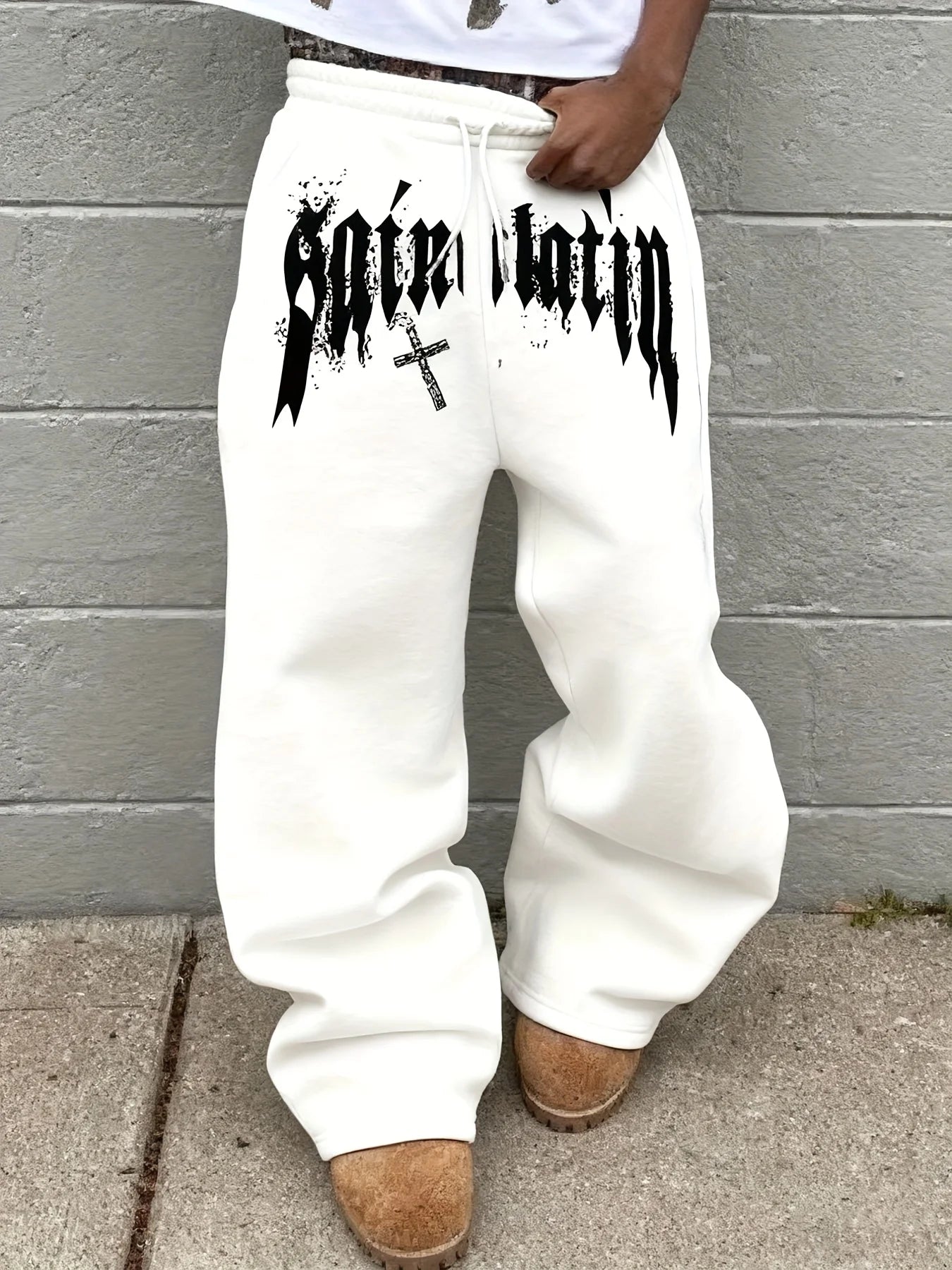 Men's Black Wide Leg Pants, French Graffiti and Cross Print, Hip Hop Fashion Streetwear Trousers, Oversized Casual Joggers 2025