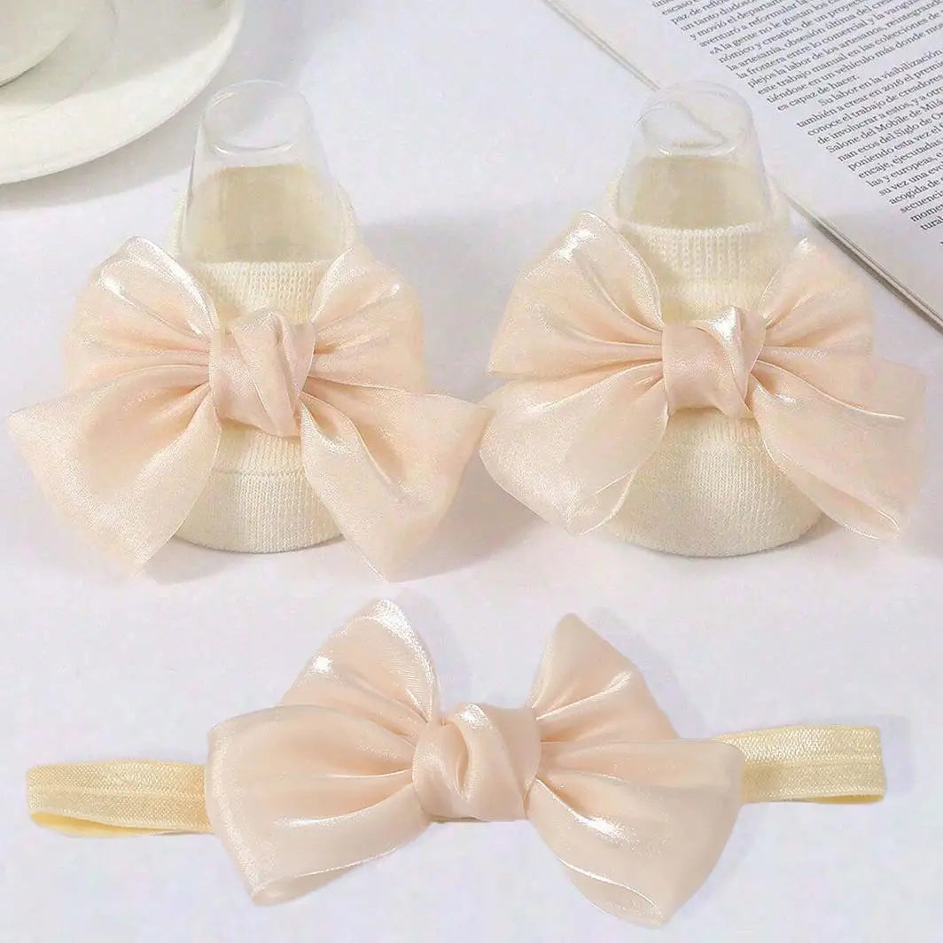 1 pairs Breathable Adorable and Bow Princess Socks & Hairbands for Baby Girls with Non-slip Design