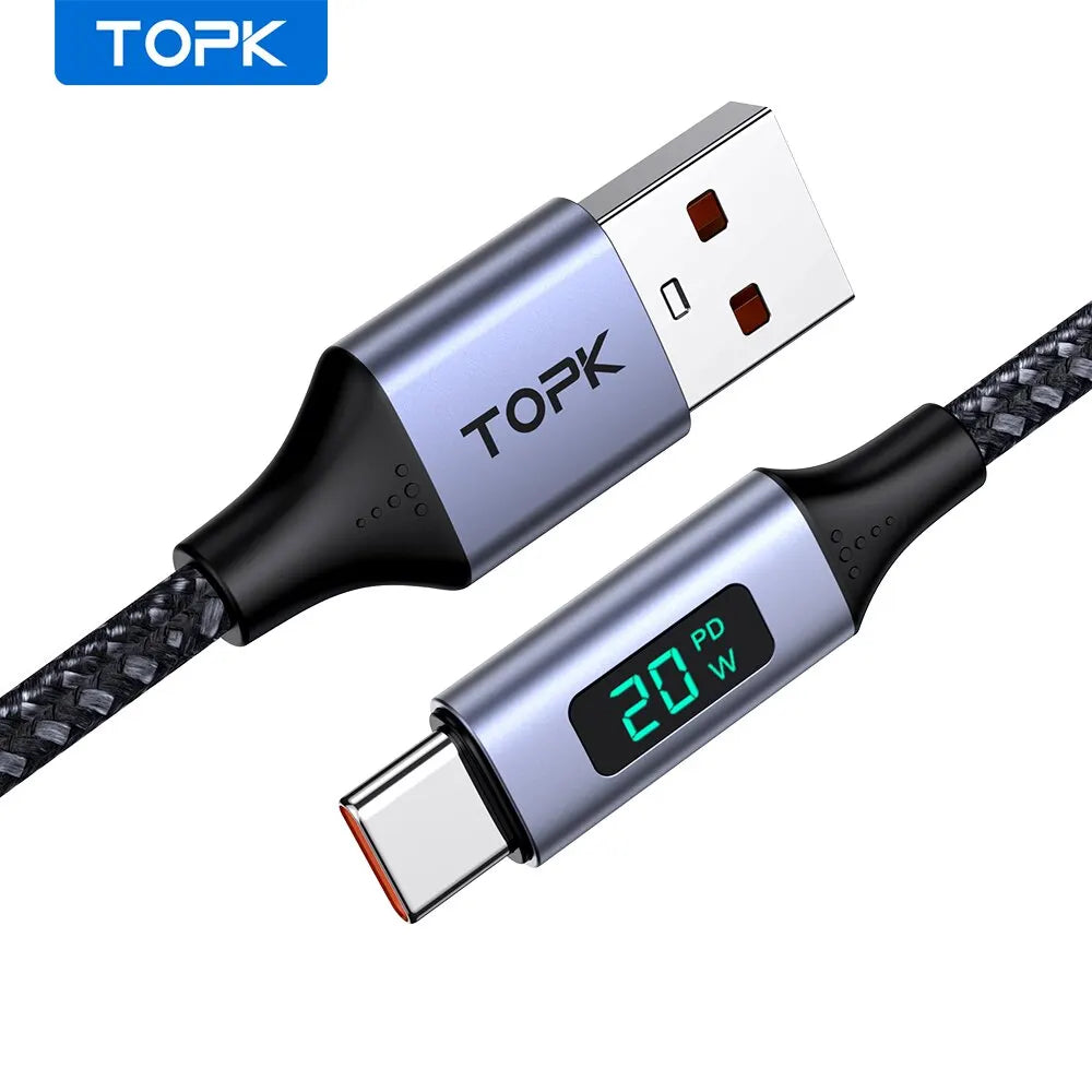 TOPK Micro USB Cable USB Type C Cable 3A for Samsung Xiaomi Fast Charging USB C With Digital Display Mobile Phone Cable