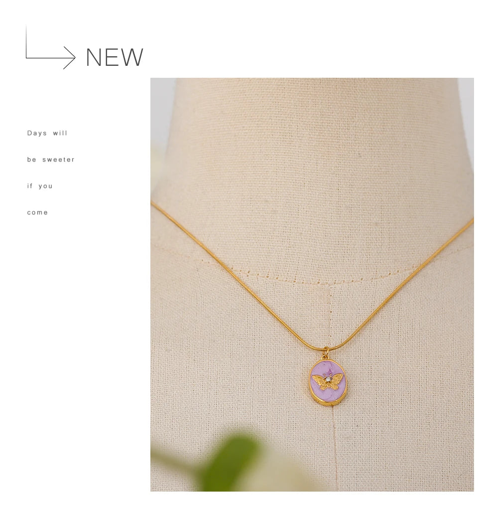 Yhpup Pink Enamel Butterfly Gilding Geometric Pendant Stainless Steel Collar Fashion Necklace for Women Korean Chic Jewelry Gift