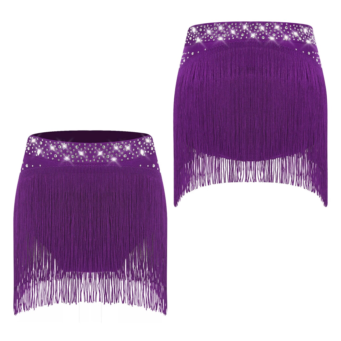 Girls Sparkly Sequins Latin Jazz Tango Dance Skirts Elastic Waistband Fringe Skirt with Safety Shorts Dance Performance Costumes