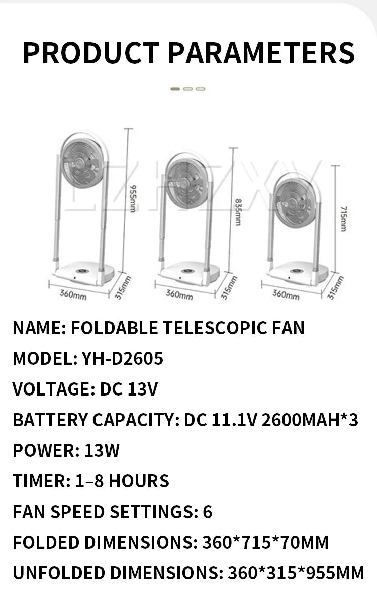 Wireless Portable Fan, 180° Extendable and Foldable Oscillating Remote-Controlled Fan, Air Cooler, 3-Level Height Adjustment
