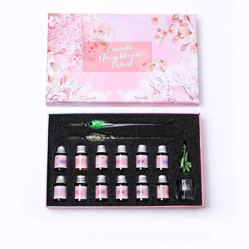 2022 Sakura Glass Dip Pen Set 2Pcs Crystal Glass Pens with 12 Gold Powder Inks for Signatures Drawing Caligraphy Kit Gifts