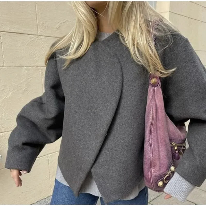 Women's Fashion Solid Thicken Cropped Jacket Top Long Sleeve Warm Autumn Winter Cardigan Female Casual Loose Woolen Streetwear