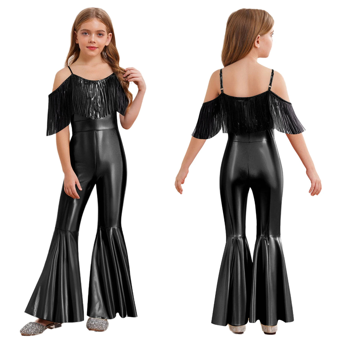 Shiny Halloween Hippie Costume for Kid Girls Sleeveless Sequins Tassels Disco Outfit 70s 80s Prom Flare Jumpsuit Party Costume