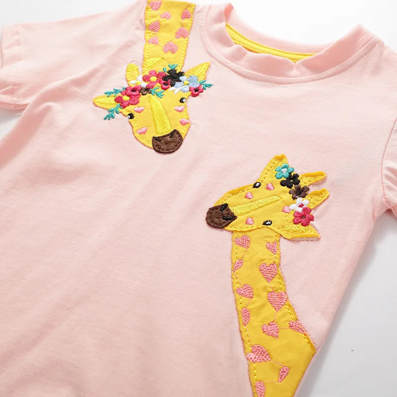 Jumping Meters 2-7T Animals Embroidery Summer Girls T Shirts Short Sleeve Kids Tees Tops Baby Costume Children's Clothes Shirts