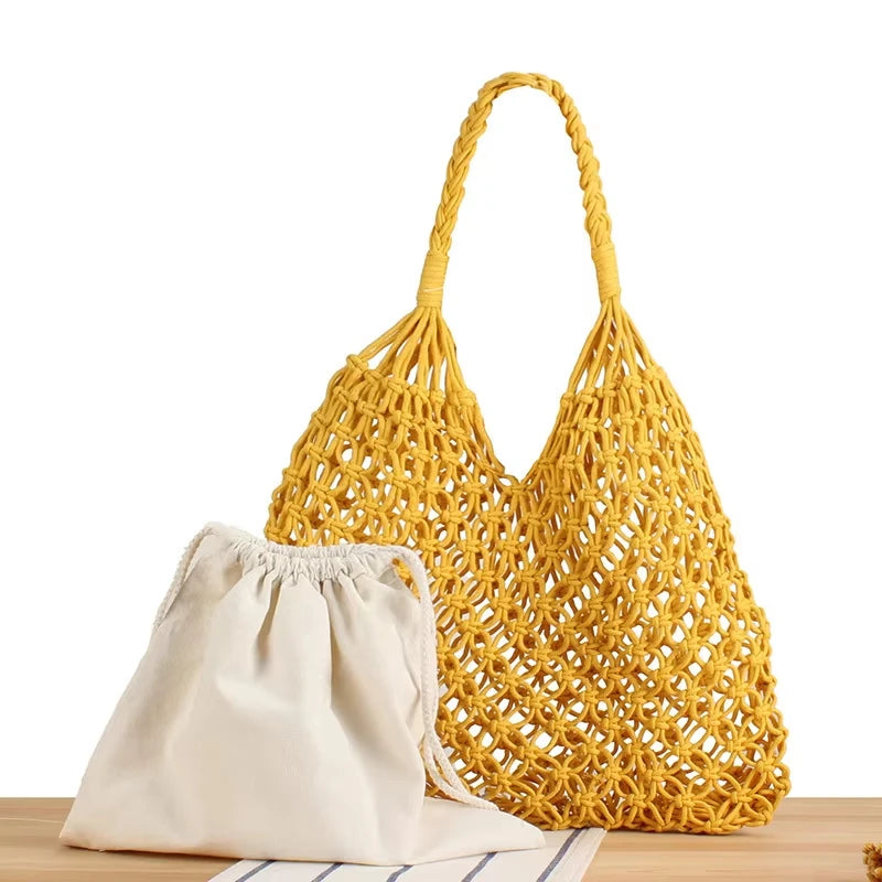 Fashion Crochet Bags for Women Summer Beach Tote Bag Raffia Aesthetic Totes Straw Handbag Bohemian Boho Woven Knit Shoulder Bag