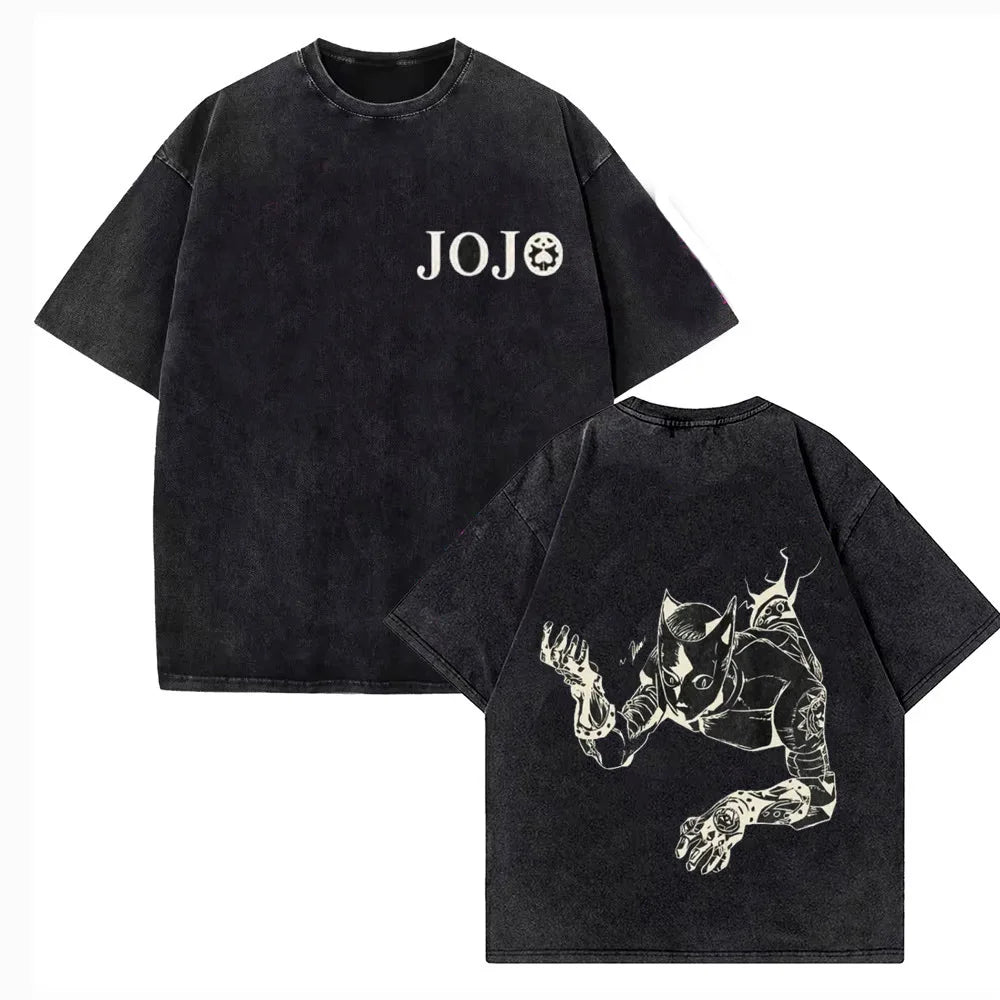 Vintage Washed TShirt Men JoJo Bizarre Adventure Gyro Zeppeli Streetwear T-shirt Anime Print Cotton Casual Short Sleeve Tshirt