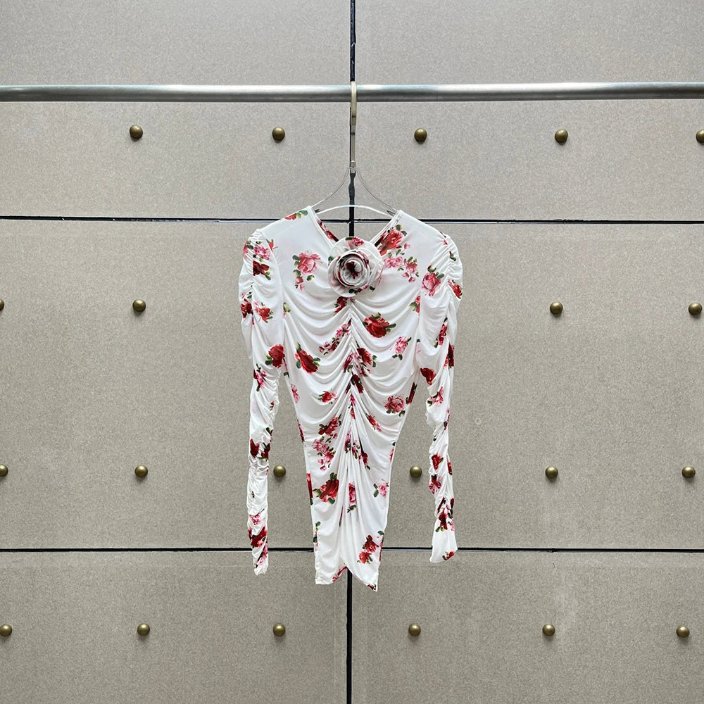 Handmade Floral Women's T Shirt Y2k Pleated Slim Temperament Elegant Round Neck Long Sleeve Blouse 2025 Early Spring New