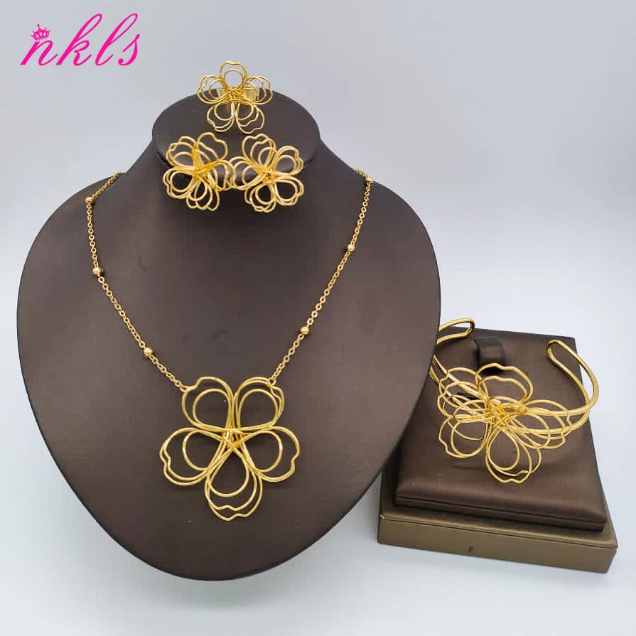 Gold Plated Flower Jewelry Set - Wedding Luxury Bangle Ring Necklace Earring Dubai African