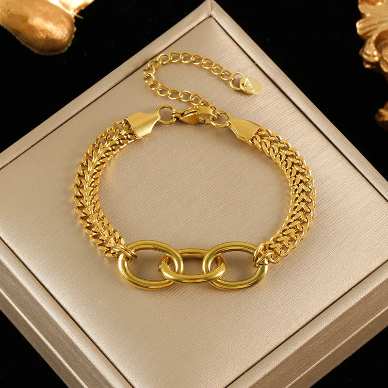 EILIECK 316L Stainless Steel Metal Texture Oval Chain Bracelet Bangle For Women 18K PVD Plated Wrist Chain Waterproof Jewelry