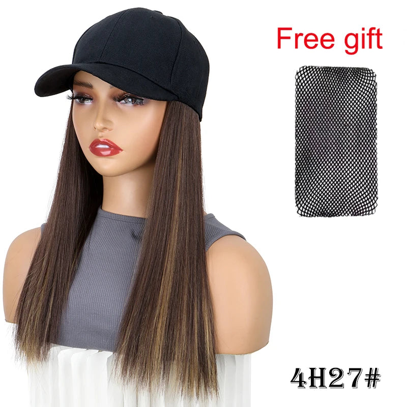 Synthetic 18Inch Long Straight Sports Style Baseball Hat Cap Wigs Adjustable Comfortable Hair Extension for Women Daily Use