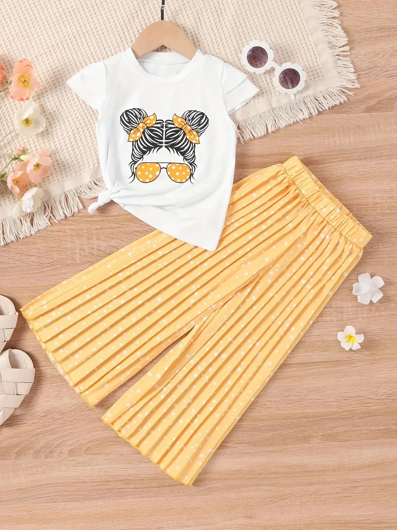 Cartoon Avatar with Short Sleeves and Wide Leg Pants 2pcs Set 2-7 Years Old Baby Girl's Casual Clothing Set Summer