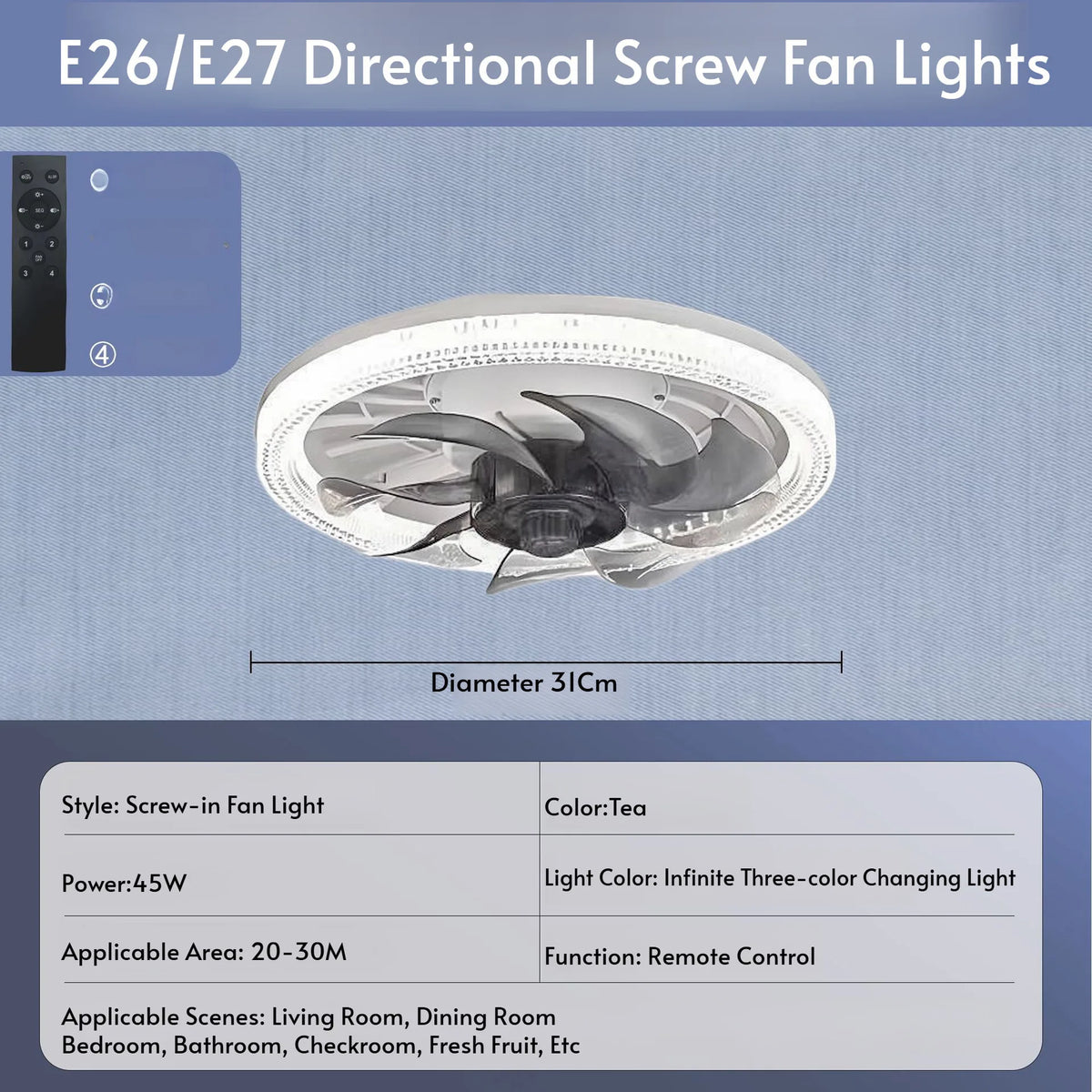 Led Fan Light Smart Remote Control Ceiling Fan With Light E27 For Living Room Converter Base Dimmable 4 Adjustable Wind Speed