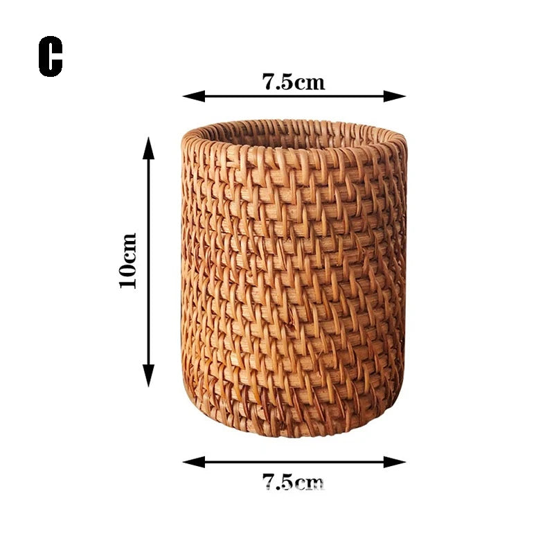 Rattan Pencil Holder, Handmade Wicker Pen Cup Makeup Brushes Holder, Woven Vine Desk Organizer Pen Container Box