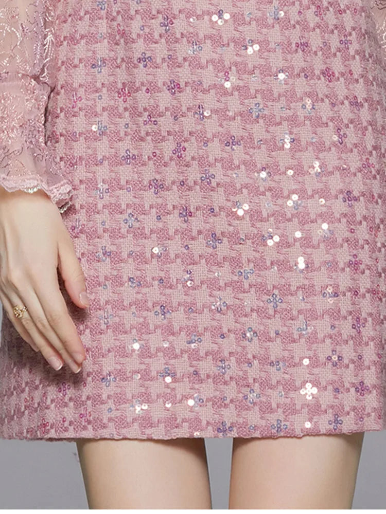 Light Luxury Embroidery Sequin Tweed Patchwork Dresss Women's Stand Collar Long Sleeve Ruffle Woolen Dress Female Clothing