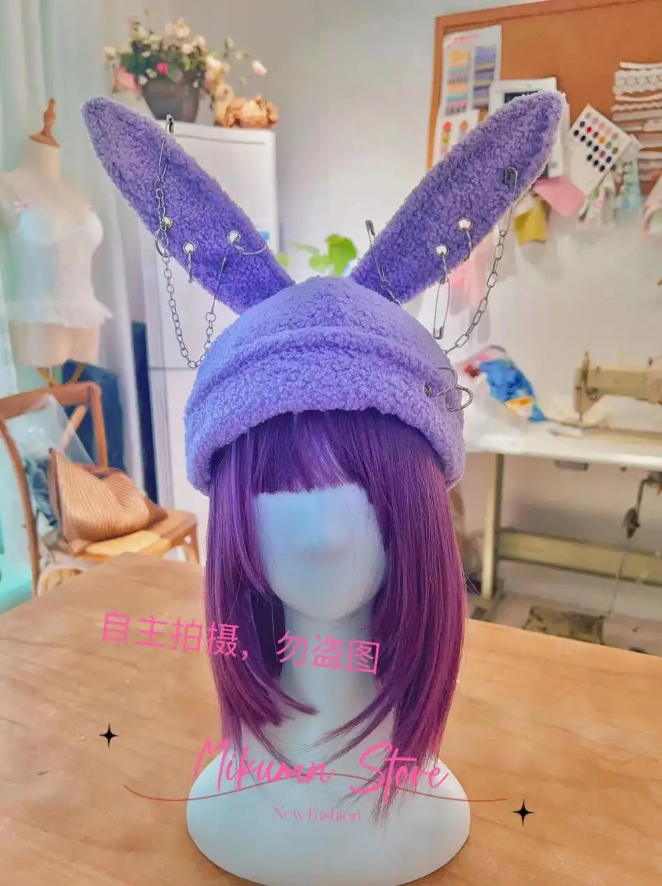Gothic Grunge Rabbit Ear Hat Harajuku Y2k Punk Chain Pin Metal Ring Lambswool Black Hat Women Girls Winter Warm Chic Streetwear