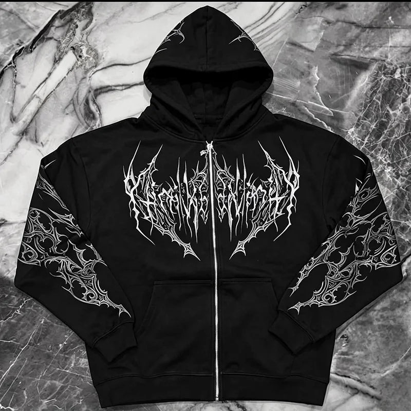 Men Gothic Skull Thorn Graphic Full Zip Up Hoodie Fleece Lined Long Sleeve Winter Punk Goth Streetwear Oversized Sweatshirt