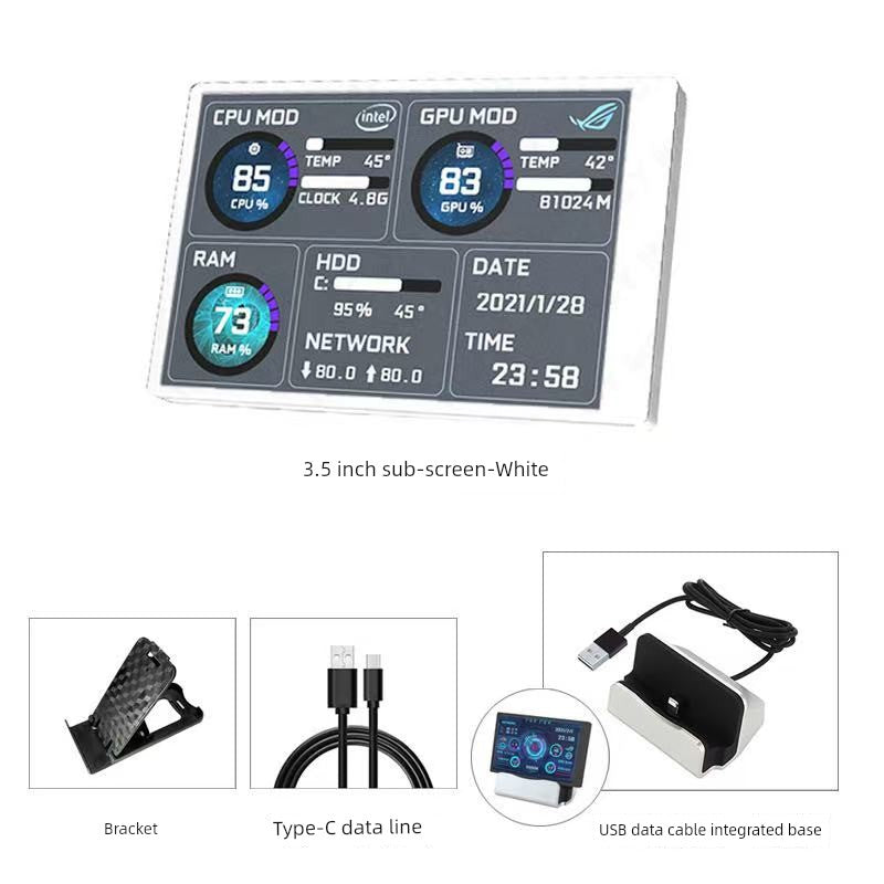 Turing Zhixian 3.5-Inch Computer Chassis Sub-Screen IPs Full View USB-C Sub-Screen Computer Temperature Monitoring