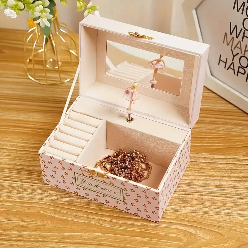 Cherry Musical Jewelry Box Pink Music Box w/ Mirror, Spinning Girl, Cute Jewelry Storage Case Desk Organizer for Girls Birthday