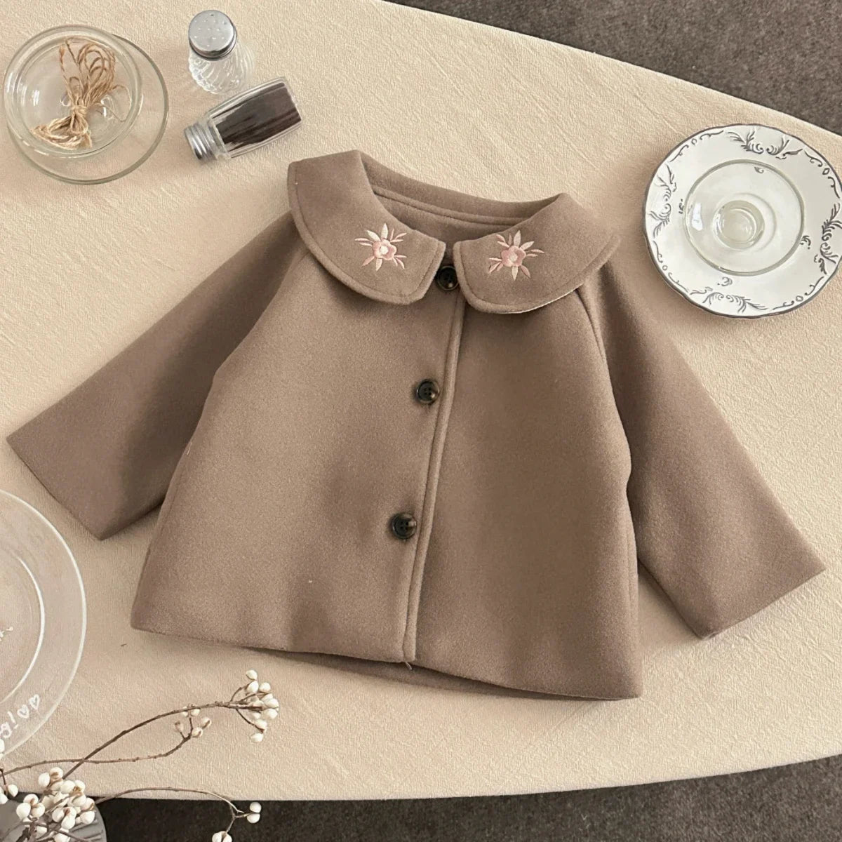 Soft Warm Baby Woolen Fabric Coat Beige/Camel Cute Sun Embroidery Lapel Jacket Infant Toddler Autumn Winter Going Out Outerwear