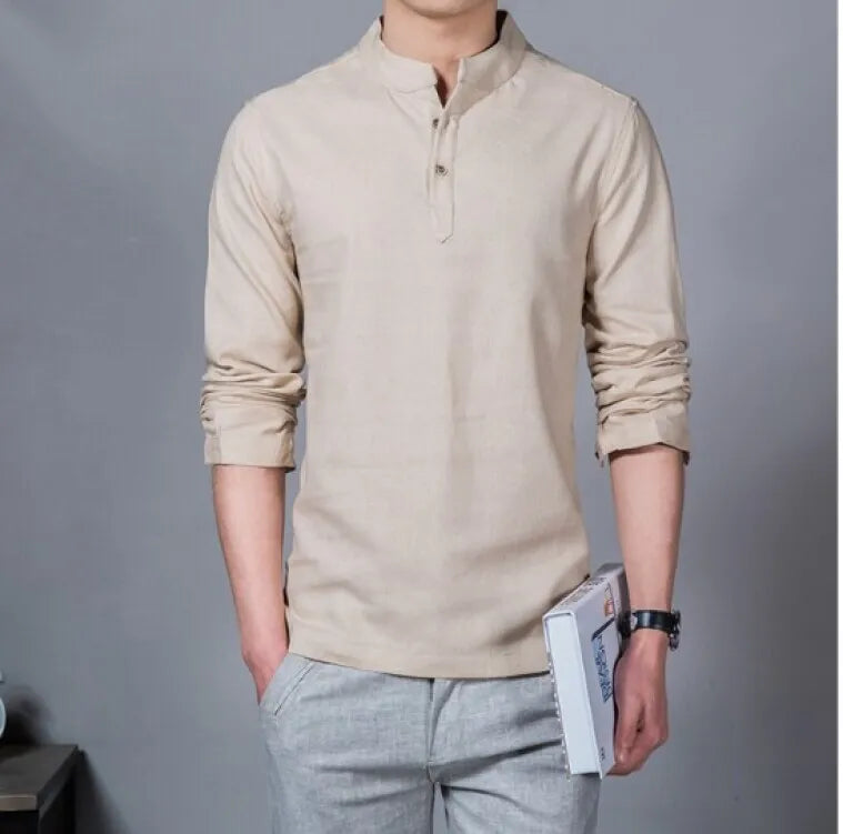 Men’s Solid-color Cotton Linen Shirt Long Sleeve Plus Size Casual