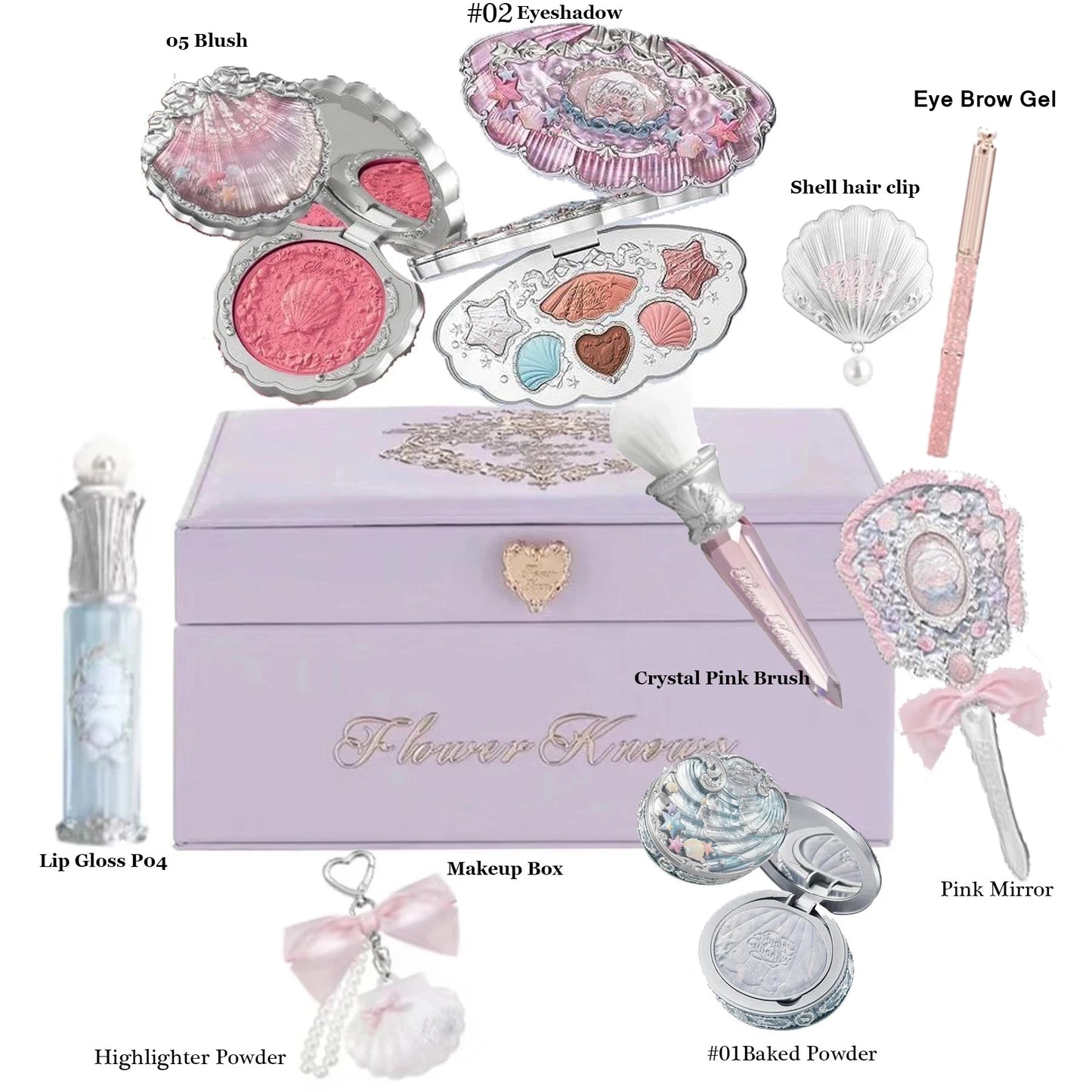 Flowerknows Shell Jewelry Gift Set Makeup Kit Full Professional Glitter Eyeshadow Palette Blush Baked Powder 10pcs Kits