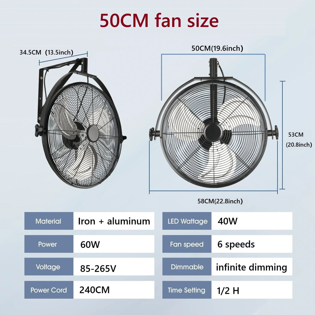 Modern Wall Fan Remote Control 6 Speed Electric Fan Ventilation Multi-Adjustable Oscillating Head Timer LED Ceiling Fan Light