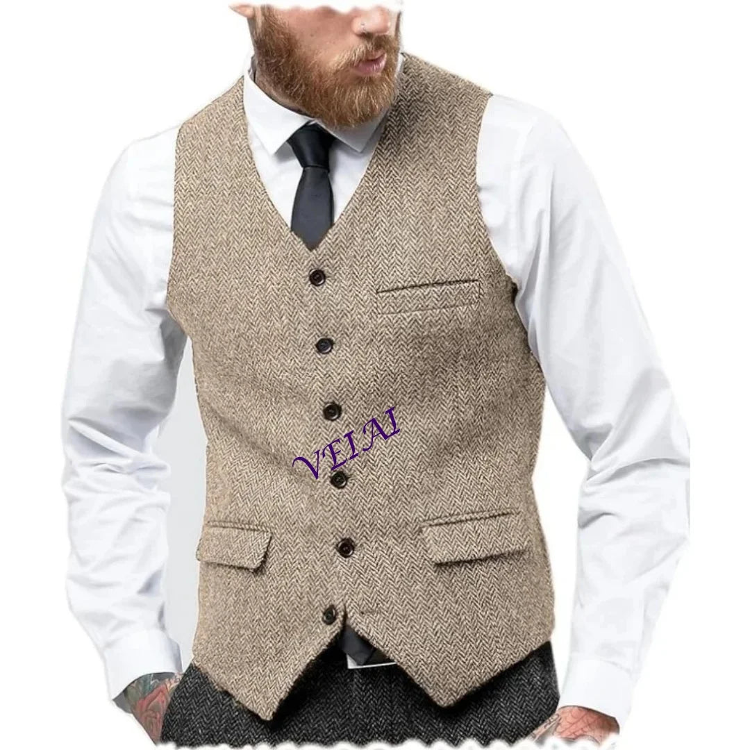 CustomizedMen's Vintage Herringbone Vest | Slim Fit Wool Tweed Waistcoat for Prom/Wedding (Classic Retro Style) Herringbone Weav