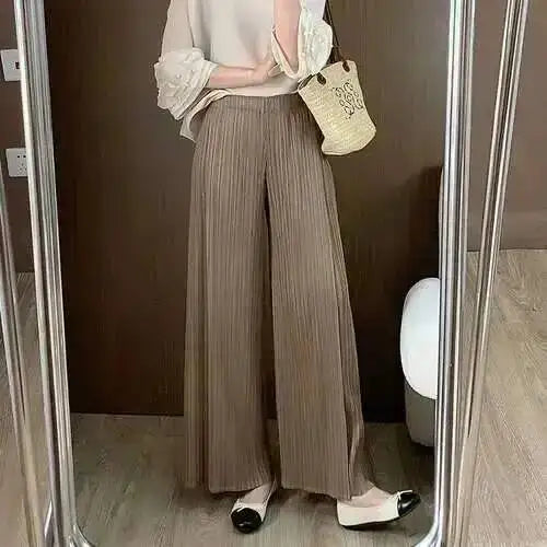LANMREM patchwork design women's Pleated trousers elastic High Waisted Draped Straight Wide Leg Pants 2025 chic new 2DB3871