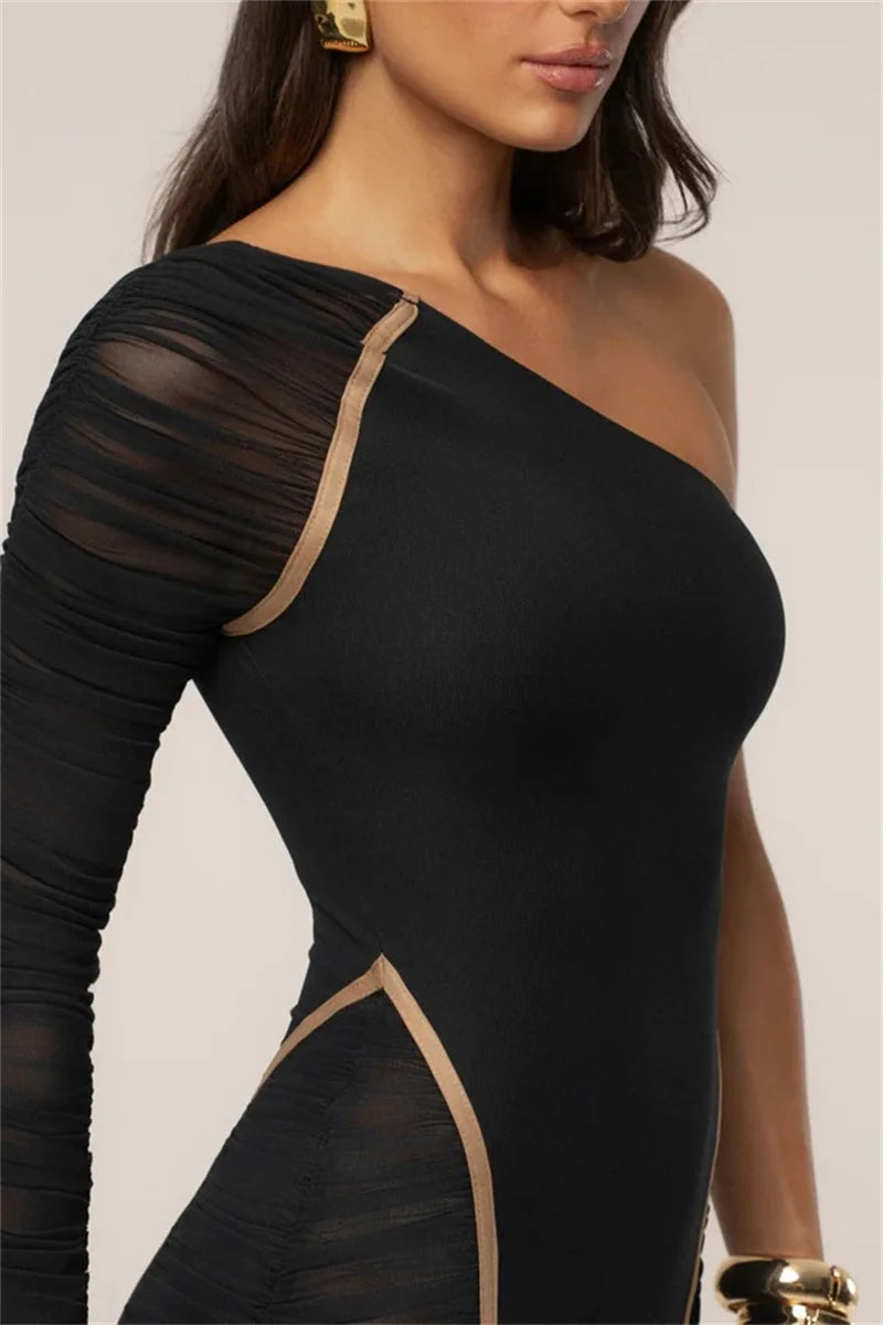 Mozision One Shoulder Backless Sexy Maxi Dress Women Gown Elegant Skew Collar Single Sleeve Ruched Bodycon Club Party Long Dress