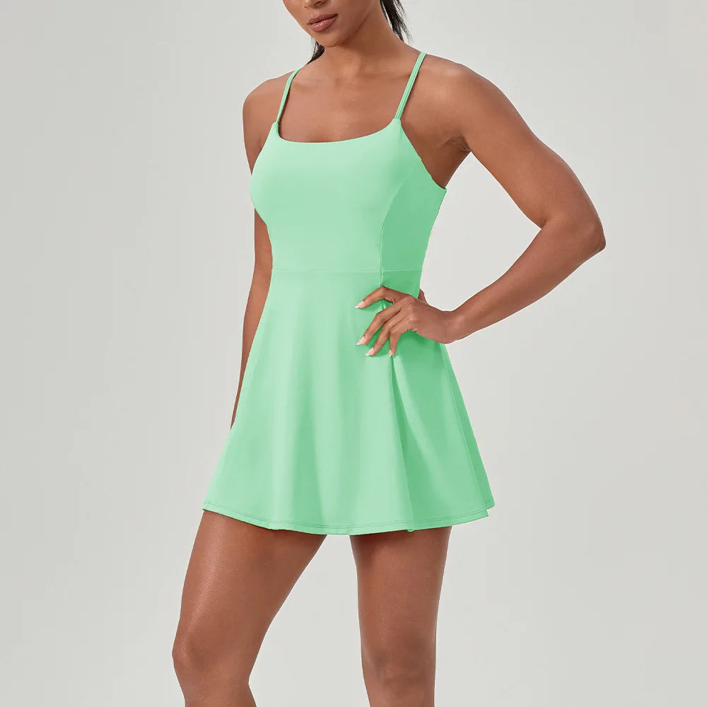 European and American summer fitness one-piece tennis skirt with chest pad women's quick-drying sports dress running skirt 52166