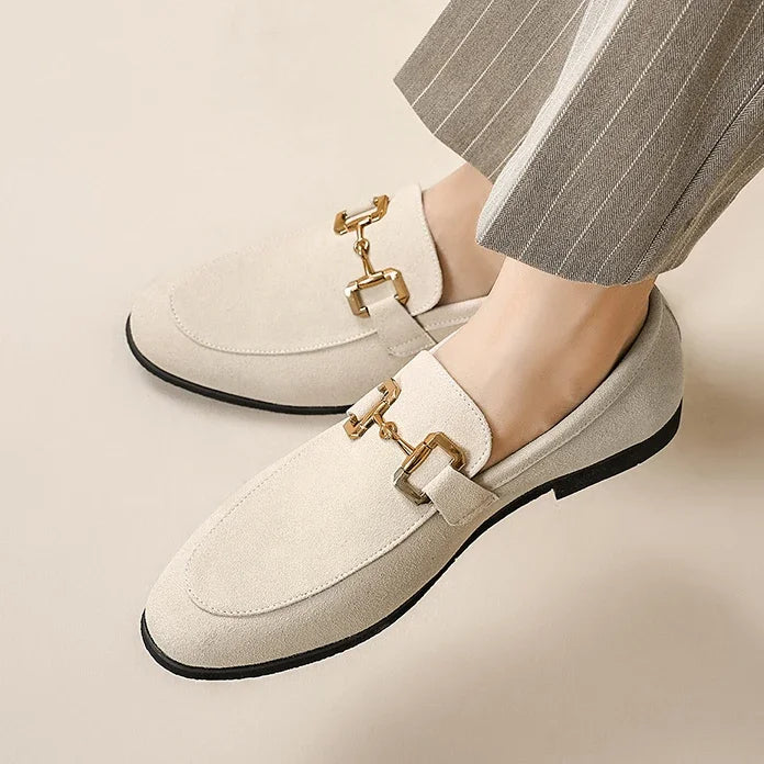 Loafers Men Shoes Black Beige Flock Round Toe Metal Decoration Men Dress Shoes Slip on Men Shoes