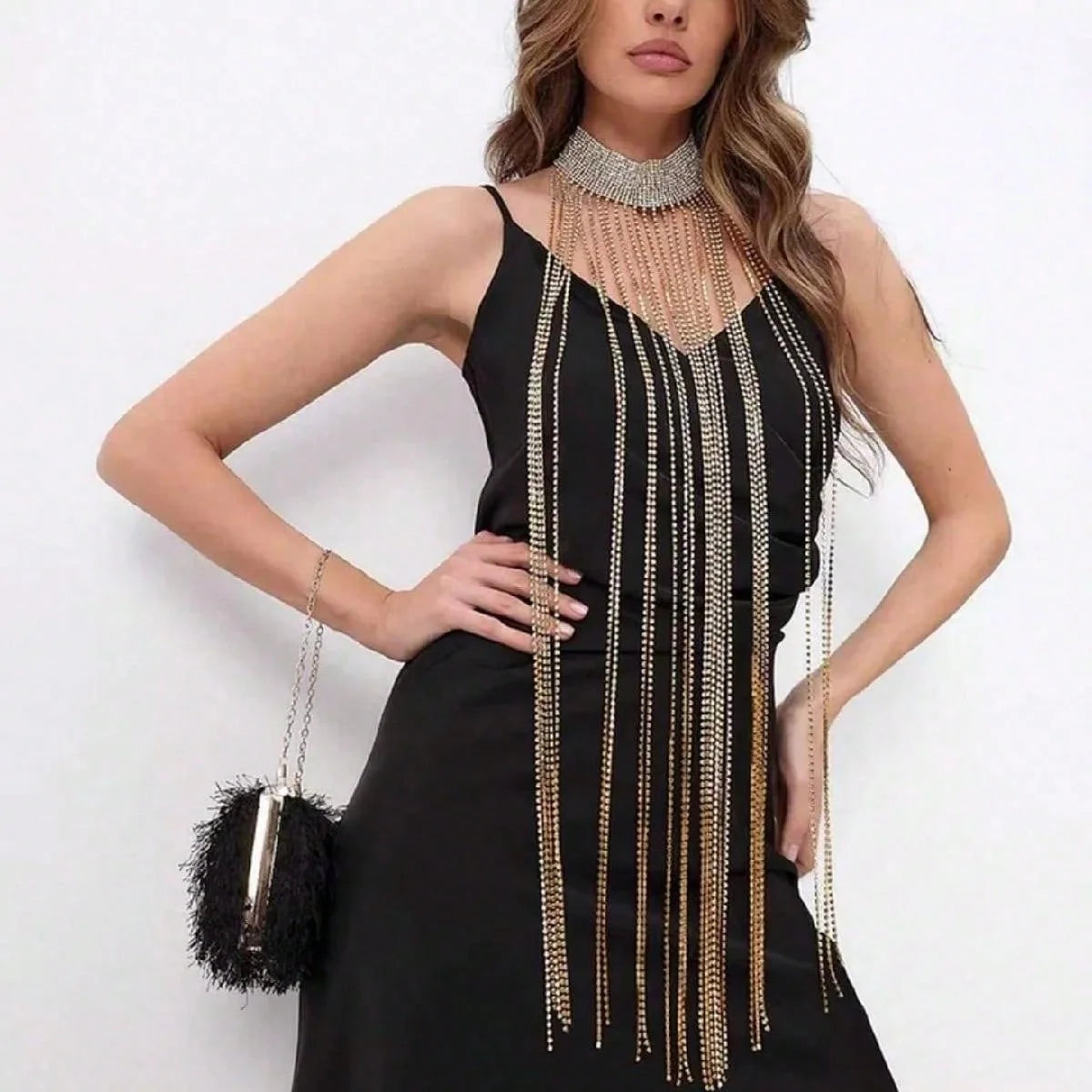 Women's Luxury Sparkling Chest Chain Rhinestone Crystal Long Tassel Bra Chain Sexy Hollow Chest Chain Top Sexy Dress Chain