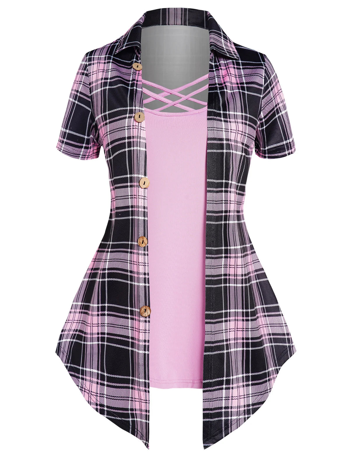 Vintage Plaid Print Crisscross Pointed Hem Faux Twinset T Shirt Women Fashion Casual Retro Combo Twofer 2 In 1 Tees