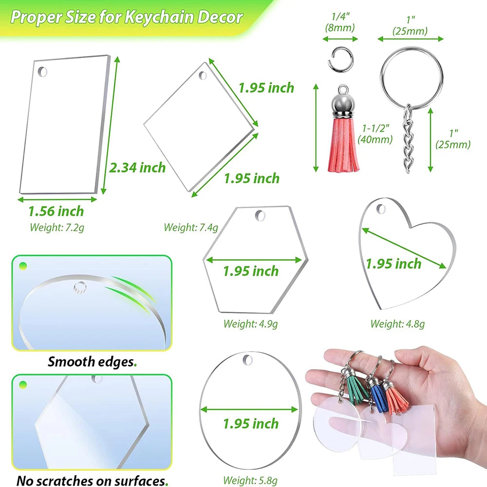 200Pcs Acrylic Keychain Blanks Bulk with 5 Shapes Clear Acrylic Disc Leather Tassel Charms Key Chains Jump Ring for DIY Craft