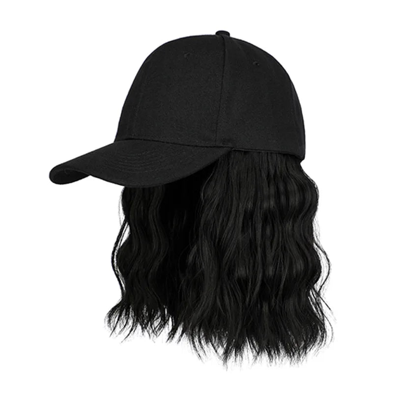 Hat Wig for Women, Short Wave Baseball Cap Wig with Curly Synthetic Hair Extensions, Adjustable Brown Black Baseball Hat Wig