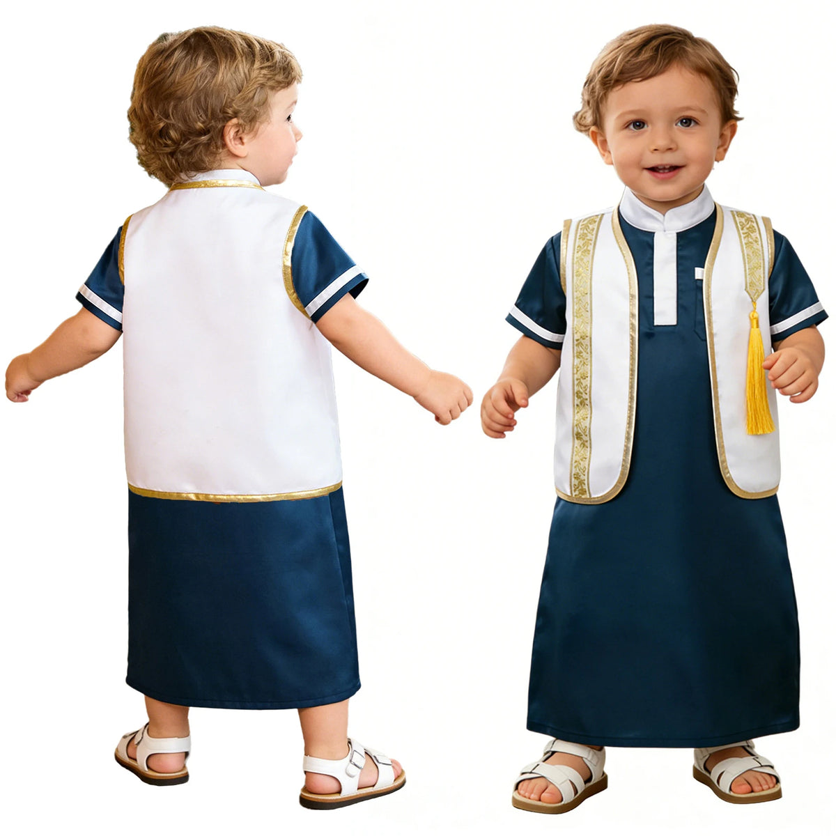Muslim Baby Boys Robe Ramadan Eid Abaya Set Metallic Trim Arabic Islamic Kaftan Thobe Satin Gown with Open Front Tassel Vest