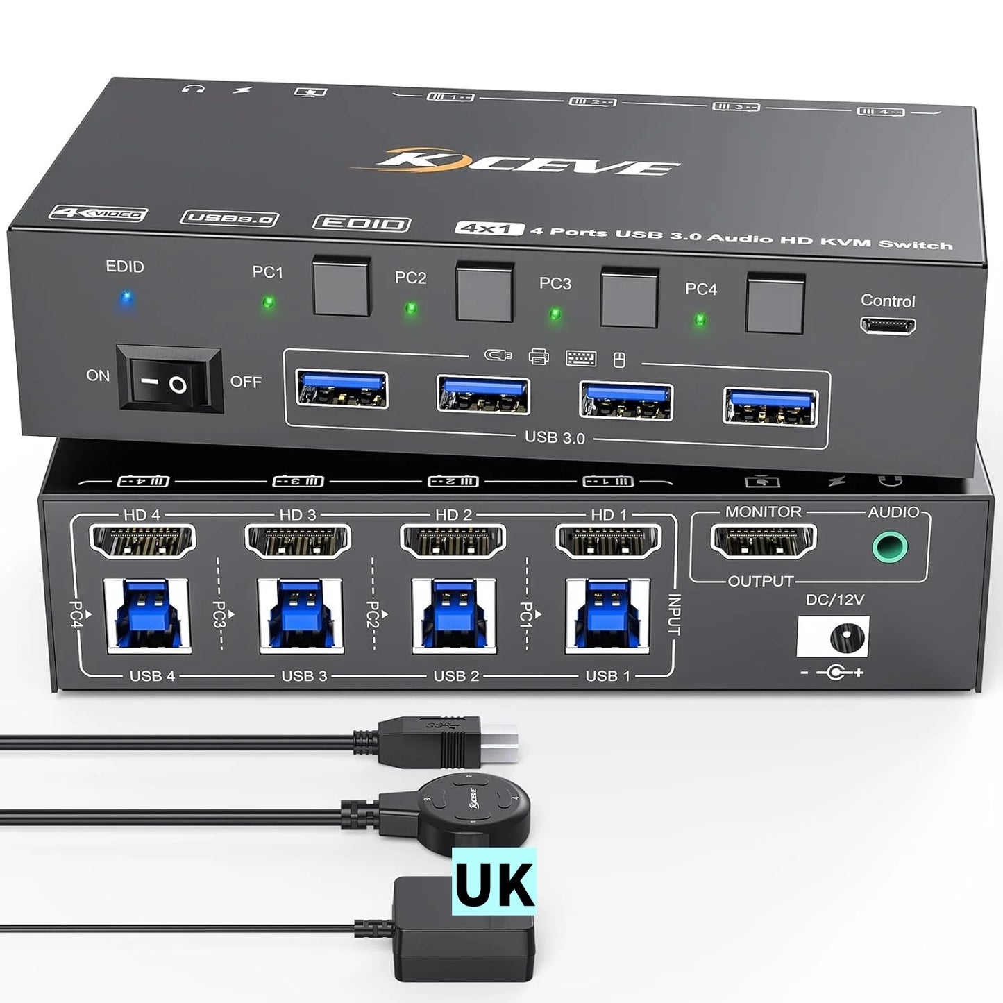 KVM Switch 4 Computers 8K@60Hz 4K@144Hz Simulation EDID USB3.0 Switcher for 4 Computers Share 1 Monitor and Share Keyboard Mou