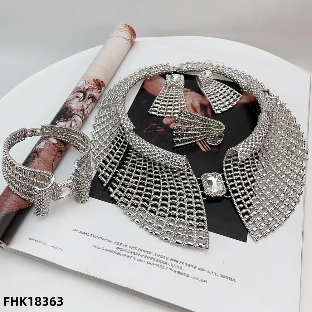 Nigeria Original 18K Gold Plated Jewelry Set Women Big Bold Necklace Earrings Bracelet Ring Wedding Party Accessor FHK18356