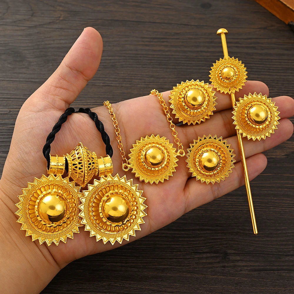 Ethiopian Jewelry 2pcs Pendant/Necklace/Earring/Ring/Bracelet Gold Color Eritrea Set Man Women's Habesha Wedding Party Gift