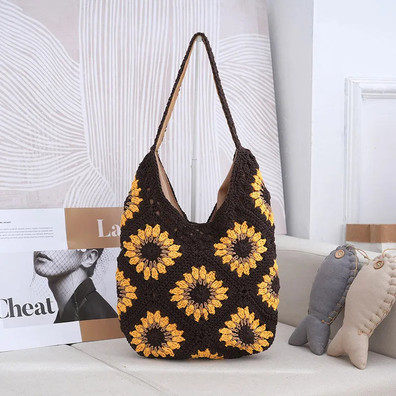 Women Shouder Bag Bohemian Straw Underarm Bag Summer Beach Woven Armpit Bag Hollow Flower Casual Crochet Tote Shopping Bags