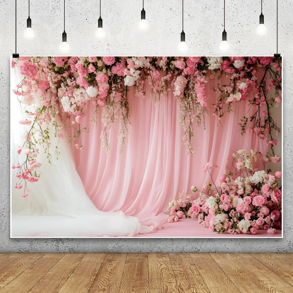 Pink Curtain Flowers Wedding Backdrop Baby Girl's Birthday Bar Mitzvah Portrait Photographic Background for Photo Studio Shoot