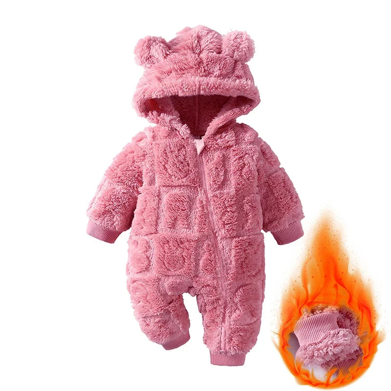 Cartoon Baby Clothes Boy Romper Long Sleeve Arctic Velvet Hooded Baby Girl Romper Winter Warm Newborn Clothes 0-18 Months