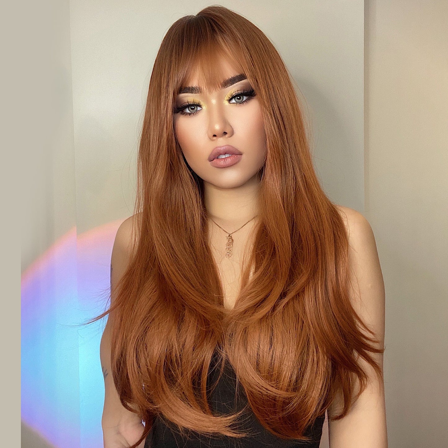 Ombre Copper Brown Ginger Wig with Bangs - Natural Straight Synthetic Hair Wig for Women - Realistic Looking Wig - 22 Inches Music Festival