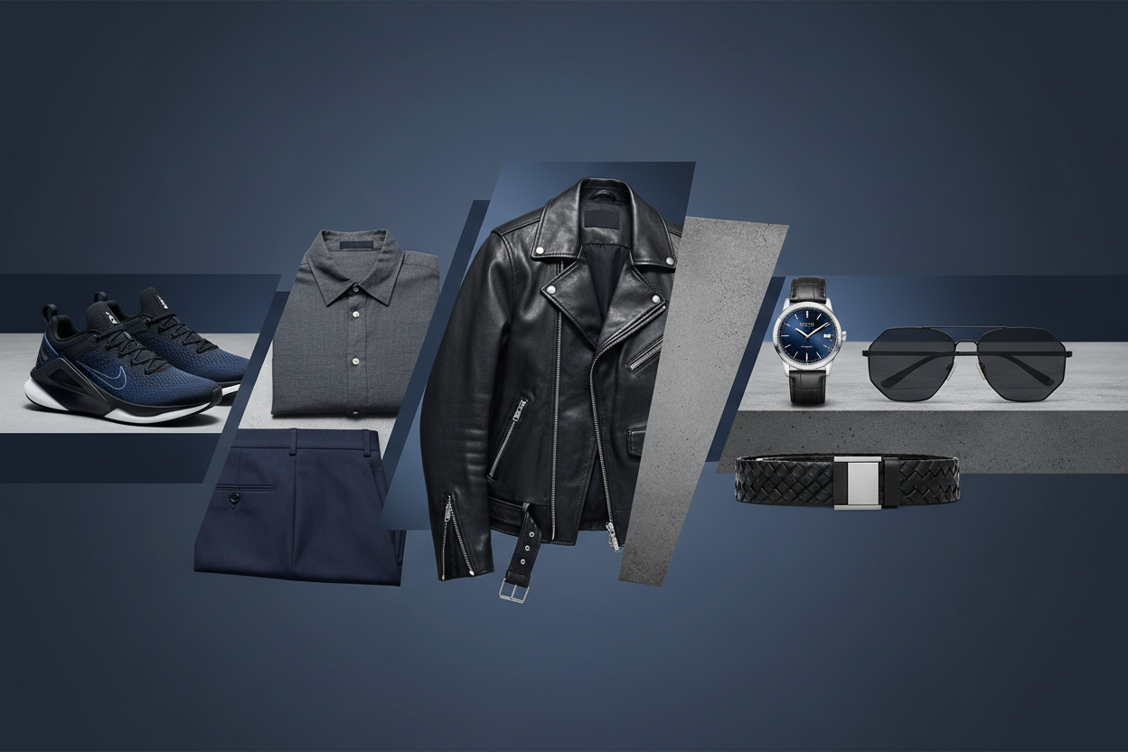 Men's clothing collection featuring athletic sneakers, casual shirts, dress pants, leather jacket, watch, sunglasses and belt on modern dark background